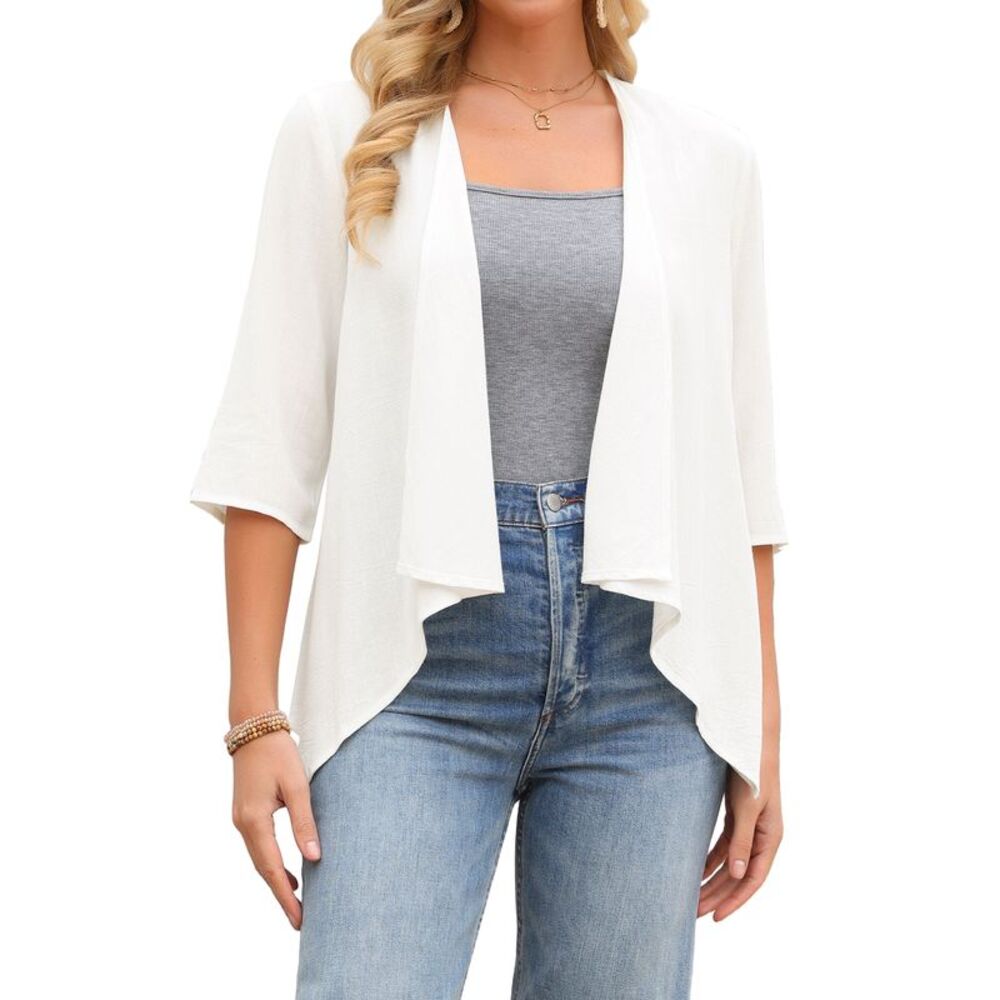 Womens Linen Cardigan Summer Open Front 3/4 Sleeve Loose Cover Ups White